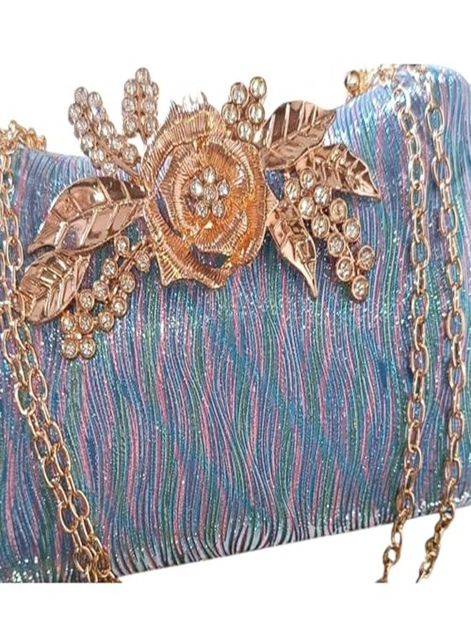 VINNIE Elegant Glitter Clutch Purse for Women with Floral Clasp | Evening Party Handbag for Wedding & Special Occasions (Blue) - Image 4